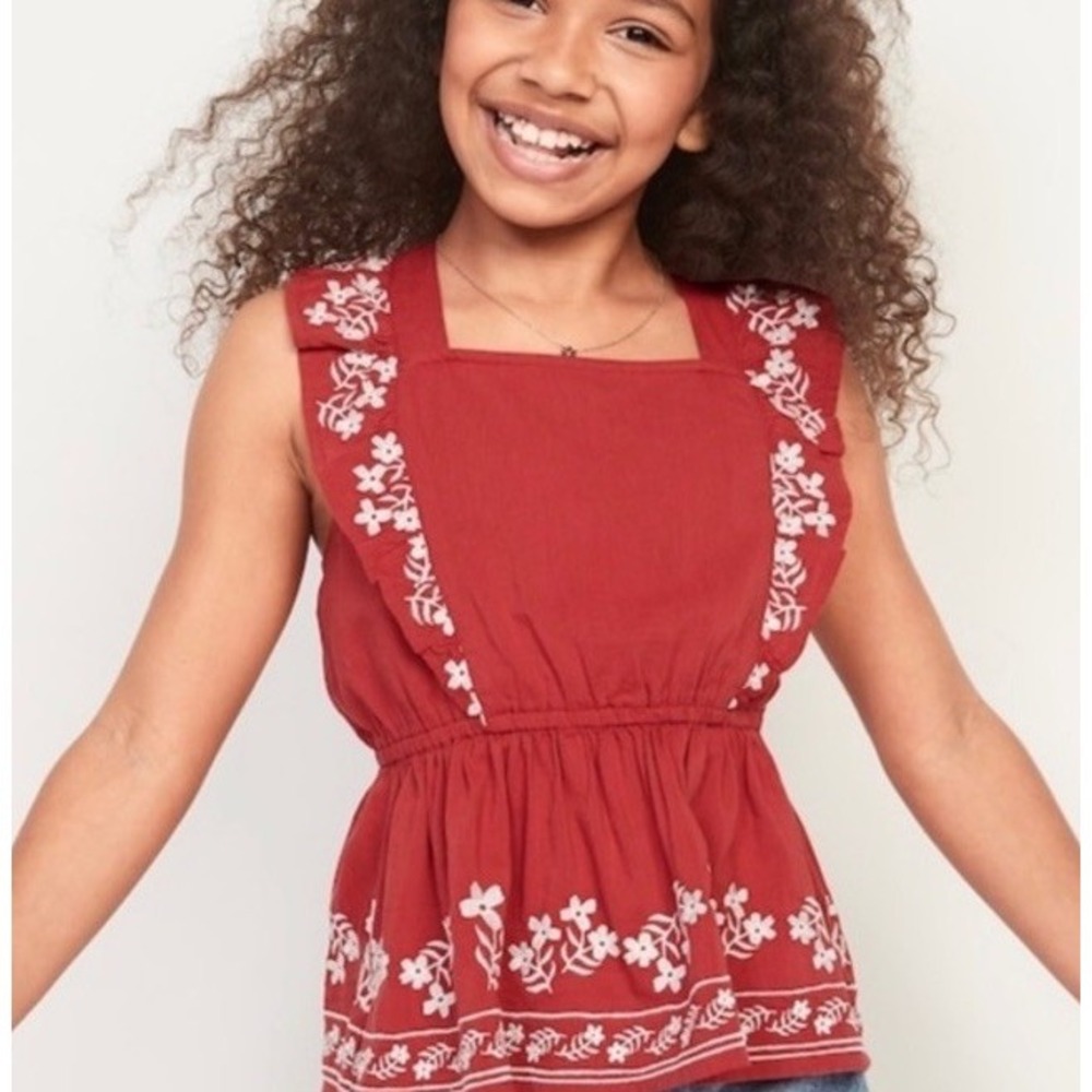 Old Navy Girls Sleeveless Red Embroidered‎ Ruffled Apron Style Top XL Cottage